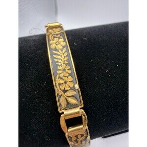 Vintage Damascene Bird Flower Black Gold Panel Link Bracelet 7.5"